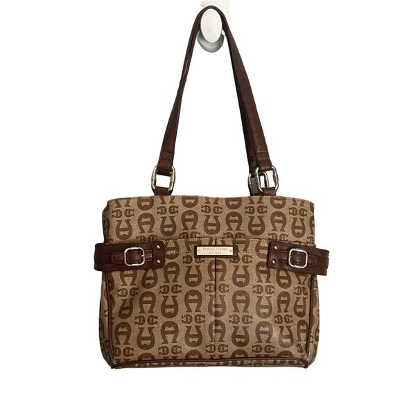 Ettienne Aigner Women's Brown Shoulder Bag 11x9x5 Signature Logo Coated Canvas - Picture 1 of 11